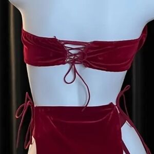 Velvet Lace-Up B Top and High-Waist Tie-Side Bottoms - Red